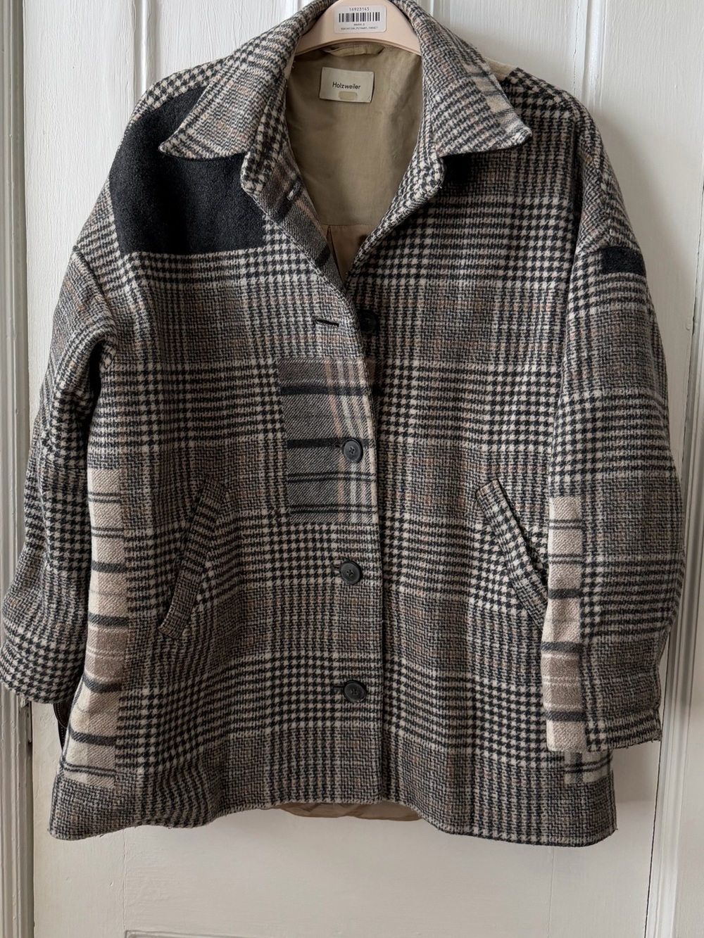 Holzweiler Bliss Patchwork Checked Wool Blend Jacket Grey Plaid Oversized L EUC